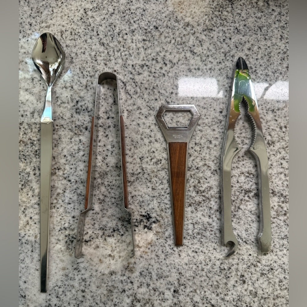 Vintage Mid Century Stainless Steel Cocktail Bar Tool Set Wood Handle MCM‎